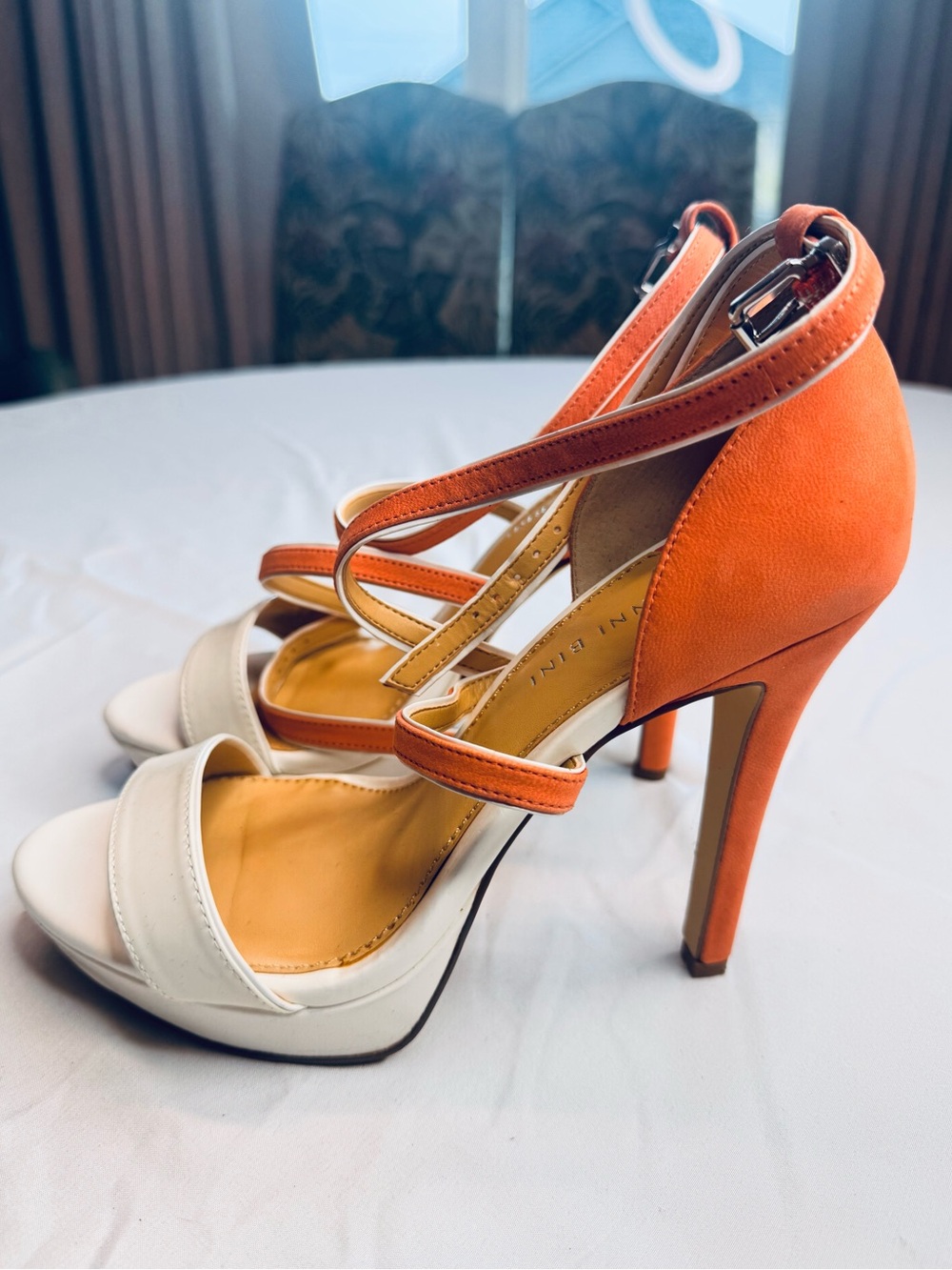 Gianni Bini Emily 109 White Sunset Stiletto Open Toe Strappy High Heel Shoes 8.5